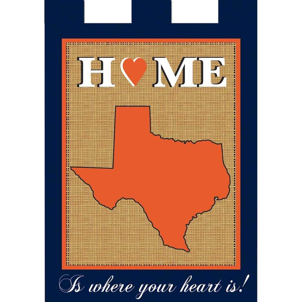 13x18 Texas Home garden flag in blue and orange with layered double applique Texas motif and Home lettering, shown mounted on a metal garden flag stand at a front porch.