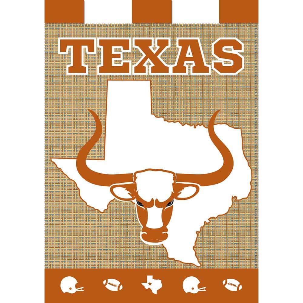 13x18 Texas Longhorns garden flag with double-applique Longhorn silhouette on burlap background displayed on a porch pole.