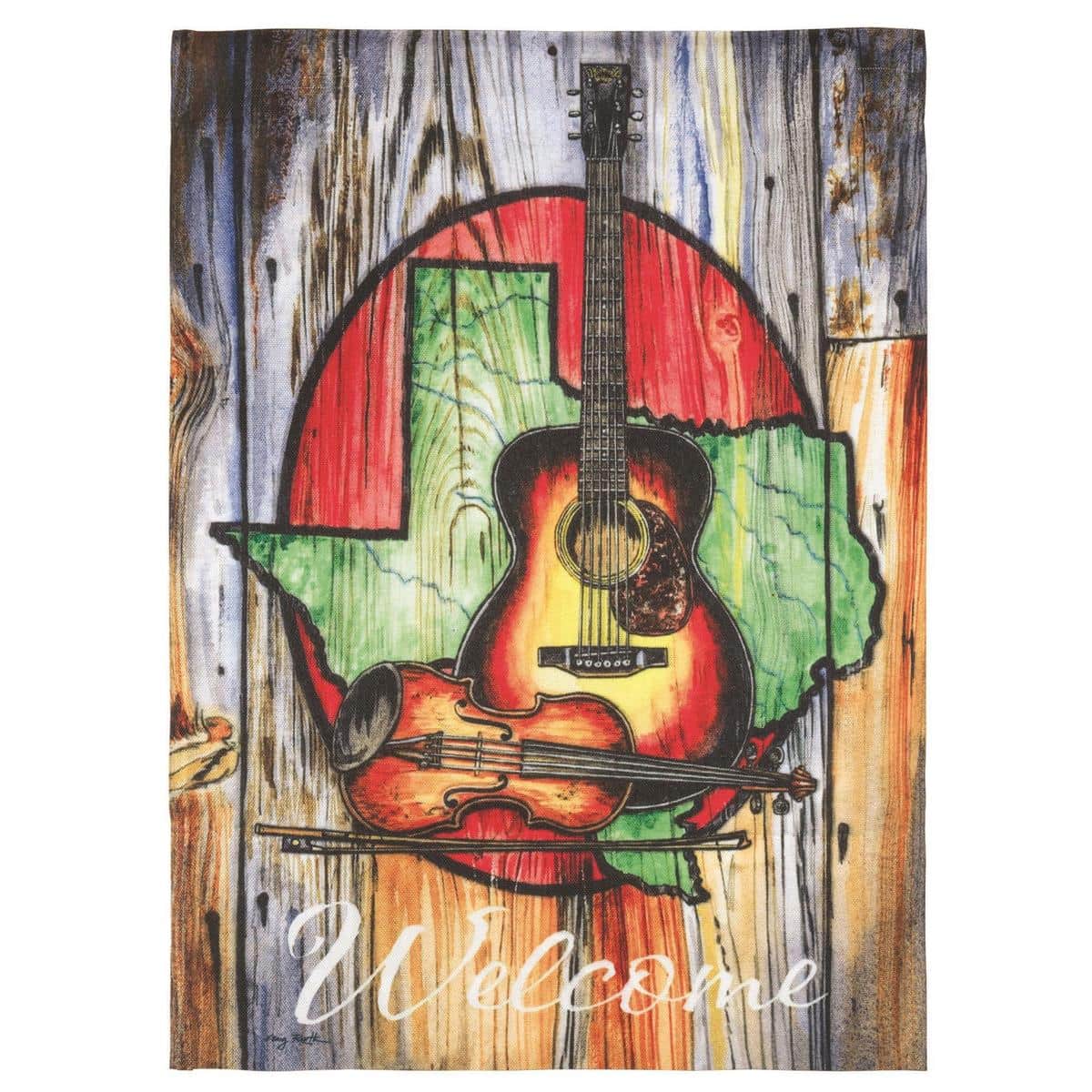 Printed 13x18 Texas Music garden flag with guitar silhouette, musical notes, and state star on colorful background for porch or yard display
