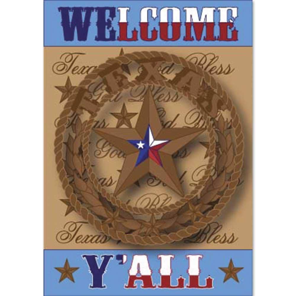 Printed 30x44 Texas Welcome Yall banner flag displayed on a porch with bold welcome lettering, Texas-inspired star accents, and bright colors suitable for outdoor decor.