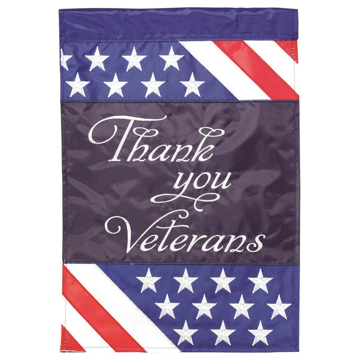 Close-up of 13x18 inch Thank You Veterans garden flag showing layered double applique lettering and patriotic emblem hanging on a black metal garden stand in a green lawn setting.