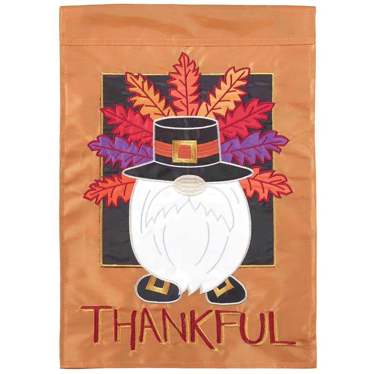 Thankful Gnome Thanksgiving garden flag 13x18 double applique featuring a cheerful gnome, fall leaves, pumpkins and 'Thankful' lettering for outdoor display.