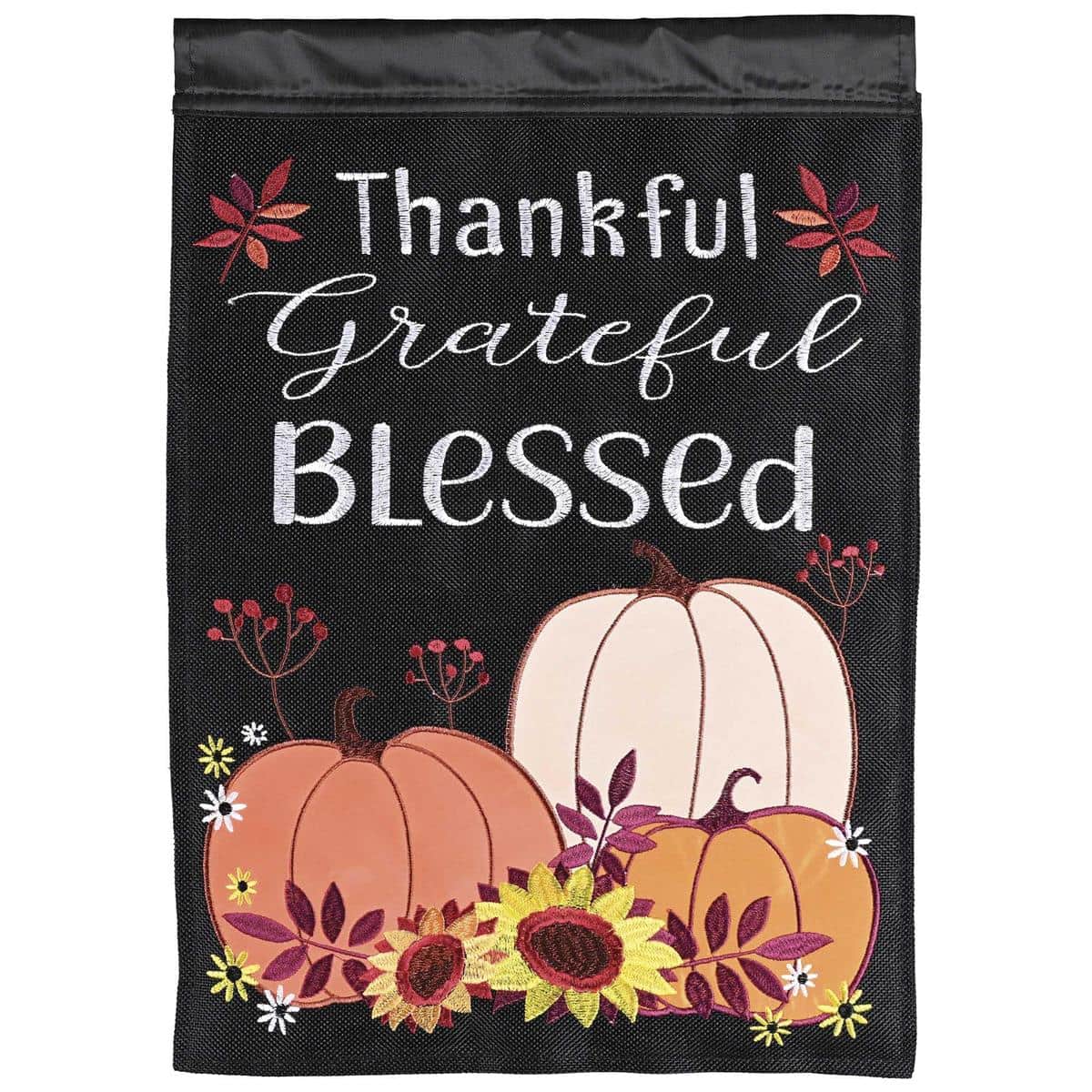 13x18 Thankful Grateful Blessed double applique fall pumpkin garden flag on a stand, readable on both sides, accenting an autumn porch with mums and leaves