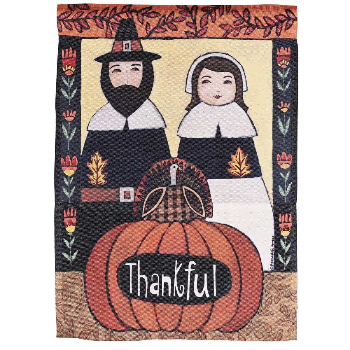13 by 18 inch Thankful Pilgrims printed garden flag showing two pilgrims, fall leaves, pumpkins and bold "Thankful" lettering for Thanksgiving porch or yard display.