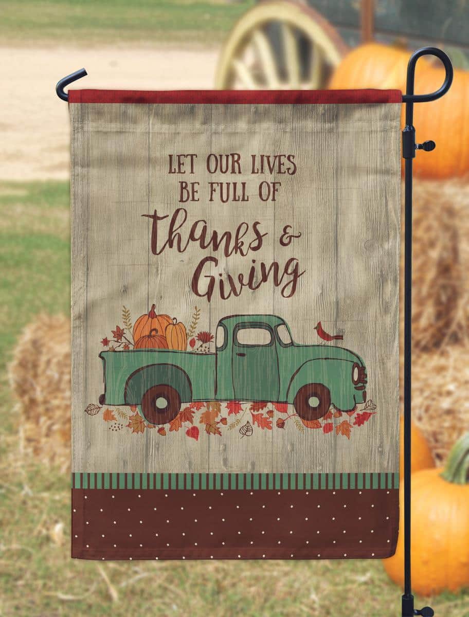 13x18 Thanks & Giving Truck garden flag printed with vintage harvest truck carrying pumpkins and autumn foliage for Thanksgiving yard and porch decor.