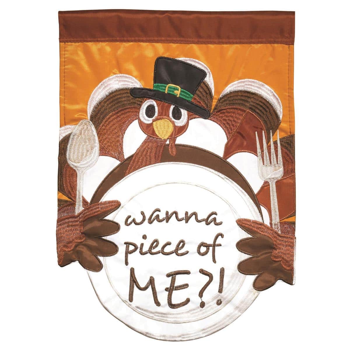 13x18 Thanksgiving garden flag with double applique turkey holding a fork, rich autumn colors and textured layered fabric ideal for porch or lawn display.
