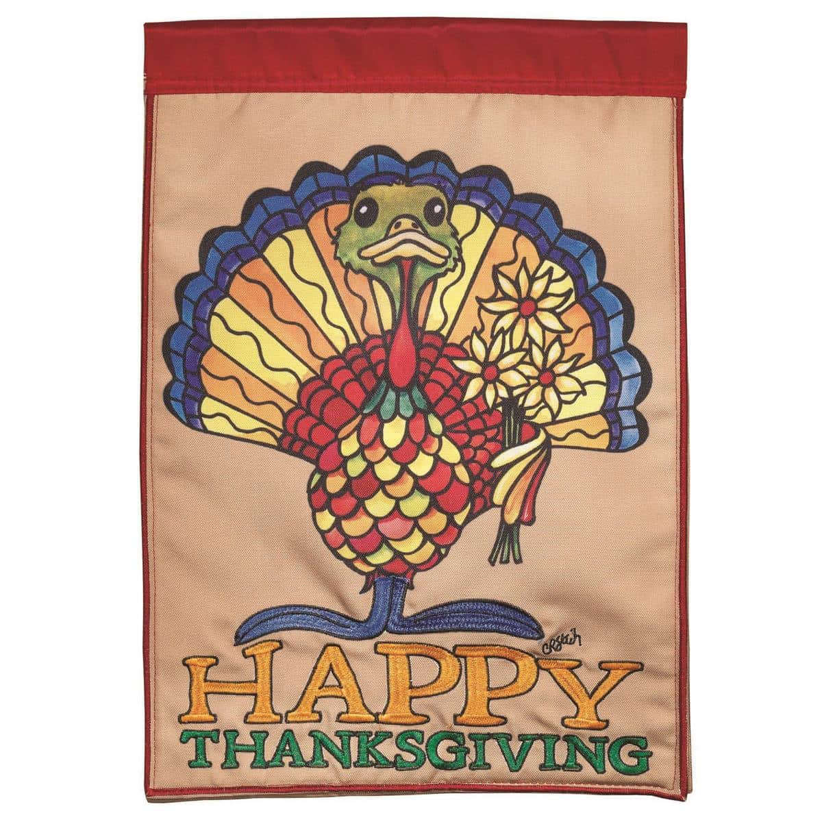 13x18 double-applique-plus Thanksgiving garden flag showing a colorful turkey with pumpkins, autumn leaves, and warm fall accents, designed for use on standard garden flag poles and porch displays.