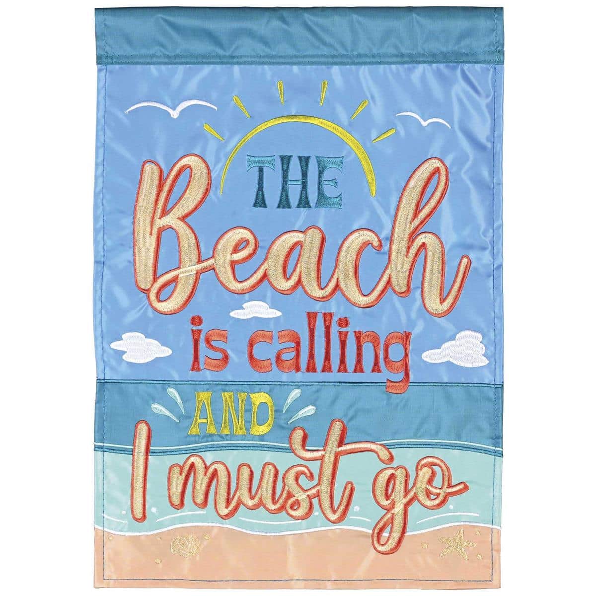 Double applique beach flag reading "The Beach Is Calling" with surfboards, seashells, starfish, and nautical stripes in vibrant coastal colors on durable outdoor fabric