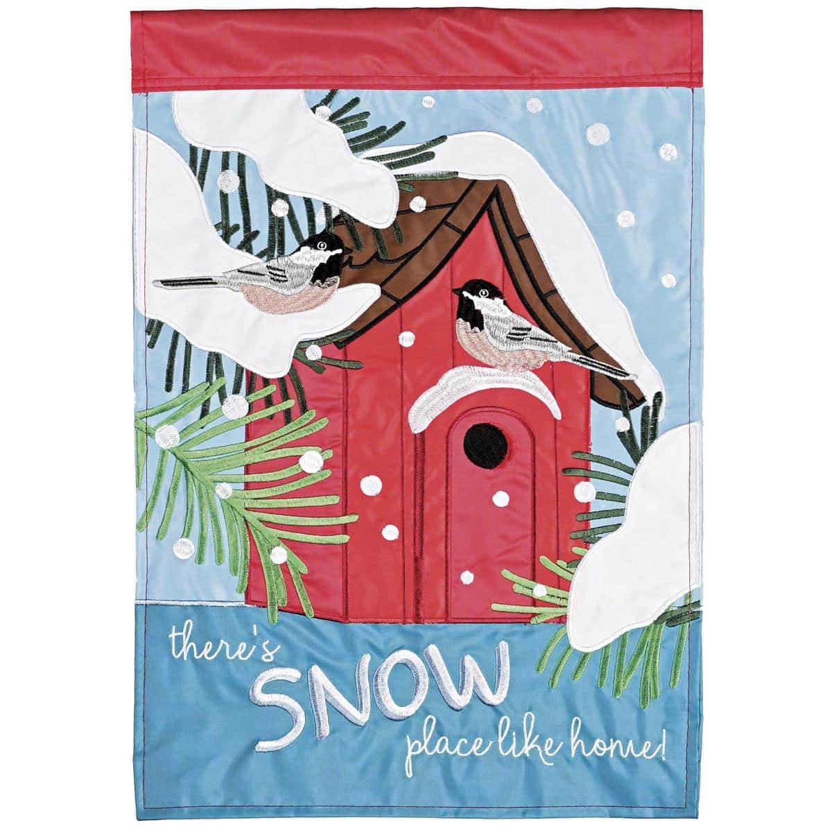 Theres Snow Place Like Home winter double applique flag with layered snowflakes and homey lettering, two sided outdoor design for porch, yard, or garden display