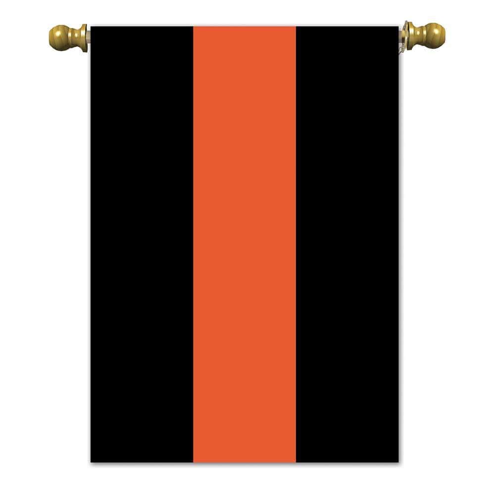 Double applique Thin Orange Line Search Rescue flag hanging on a pole outdoors showing a contrasting orange stripe and textured fabric layers to honor search and rescue personnel.