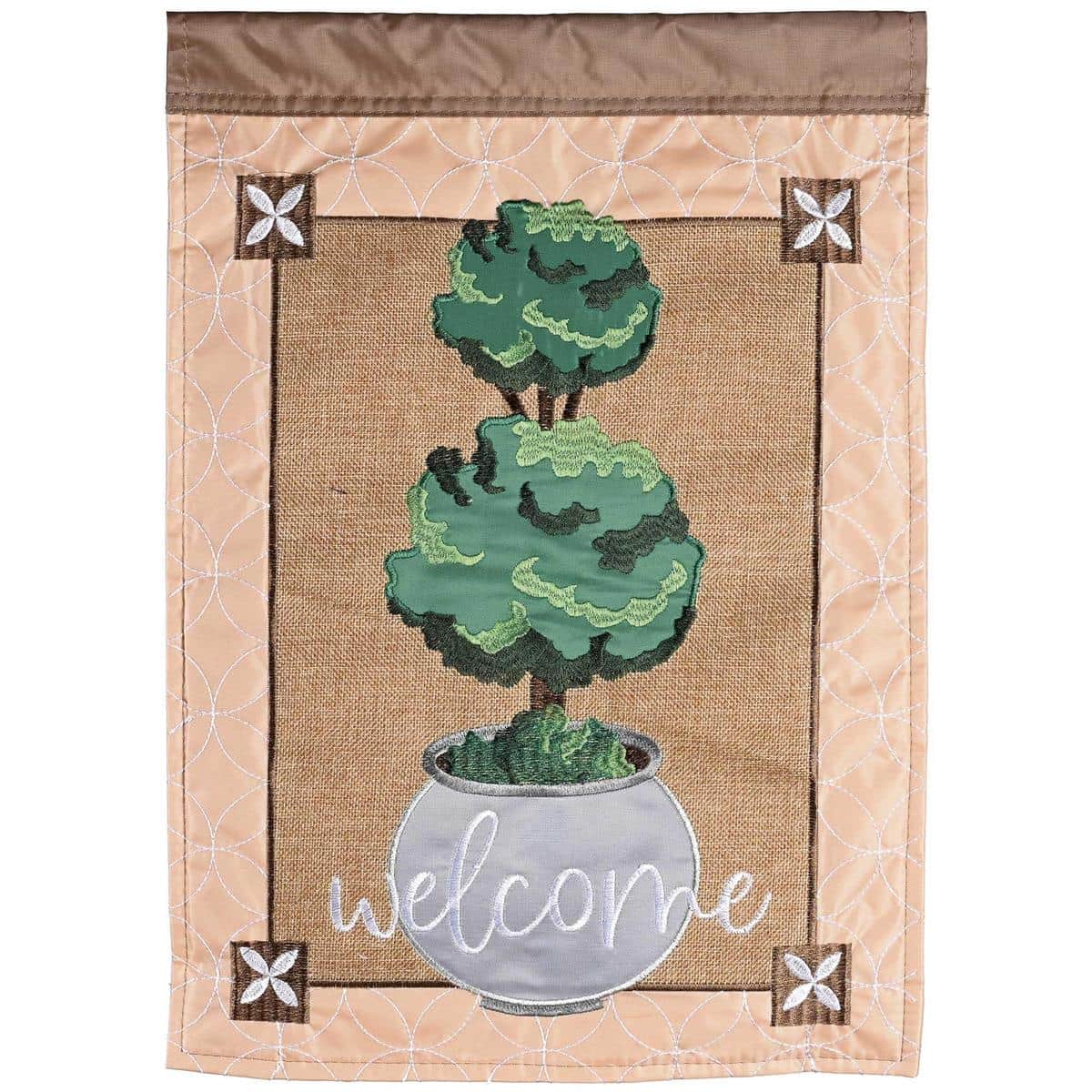 13x18 Topiary Welcome Burlap Garden Flag with double applique floral topiary, rustic burlap texture, and stitched accents ideal for porch and garden display.