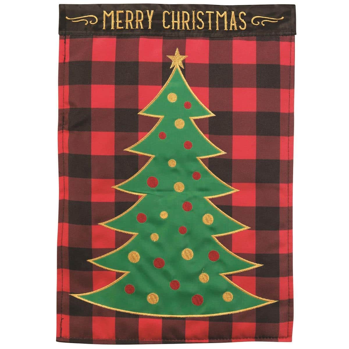 Double applique Christmas tree garden flag 13x18 with Merry Christmas script, rich red and green colors, reinforced top sleeve, winter yard and porch decoration.