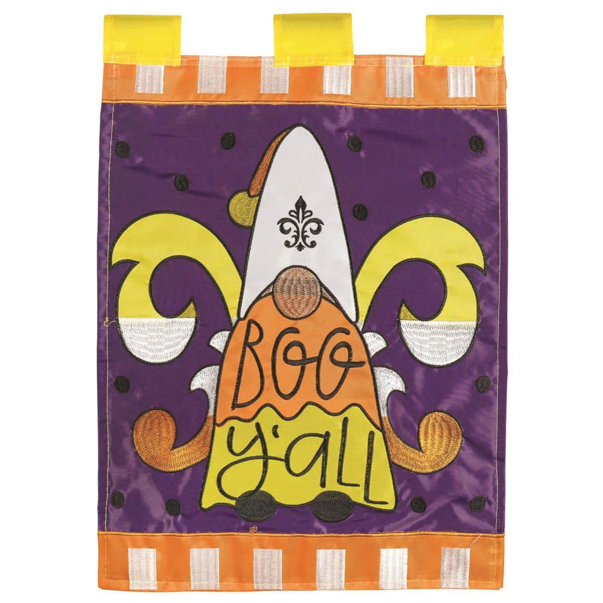 13x18 Trick Or Treat garden flag with double applique Halloween graphics, vivid colors and reinforced stitching for outdoor porch or yard display.