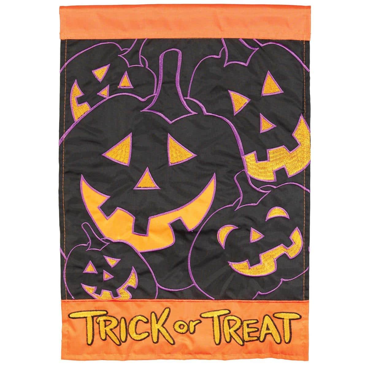 29x42 Trick Or Treat Jackolanterns double applique banner flag showing three carved pumpkins with smiling faces and bold 'Trick Or Treat' lettering on a dark seasonal background for porch display