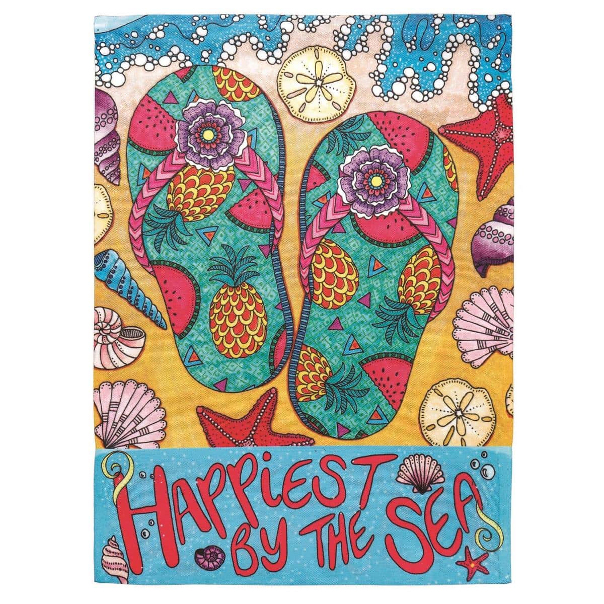 Tropical Paradise 30x44 banner flag, coastal printed design with palm-inspired artwork and ocean hues, displayed outdoors on a house pole by a front porch.