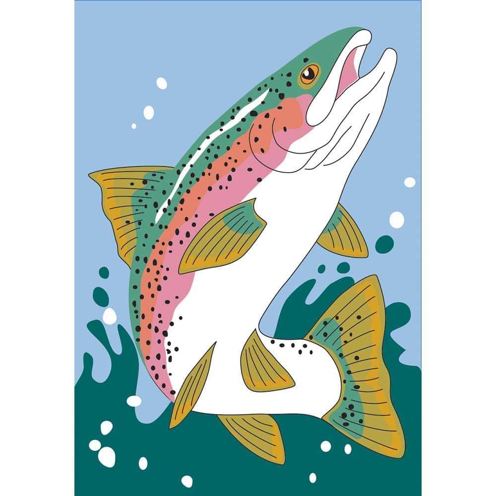 Main product image showing a 13x18 trout garden flag with layered double applique trout illustration, reinforced pole sleeve, and vibrant outdoor-friendly colors suitable for lake houses, porches, and garden display.