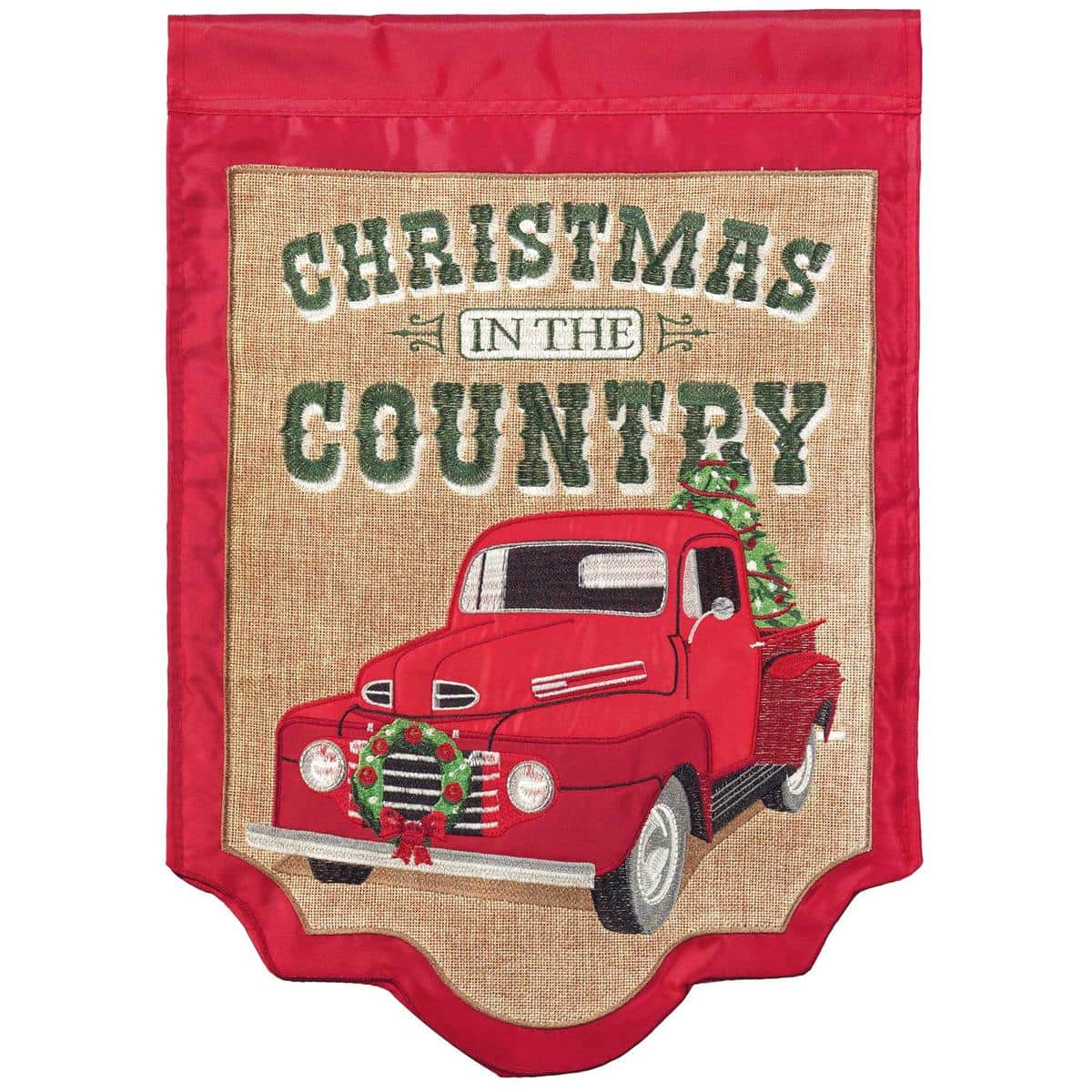 13x18 Christmas truck garden flag featuring a red vintage truck loaded with wreaths and greenery in a country garden scene, double applique detailing for texture and depth.