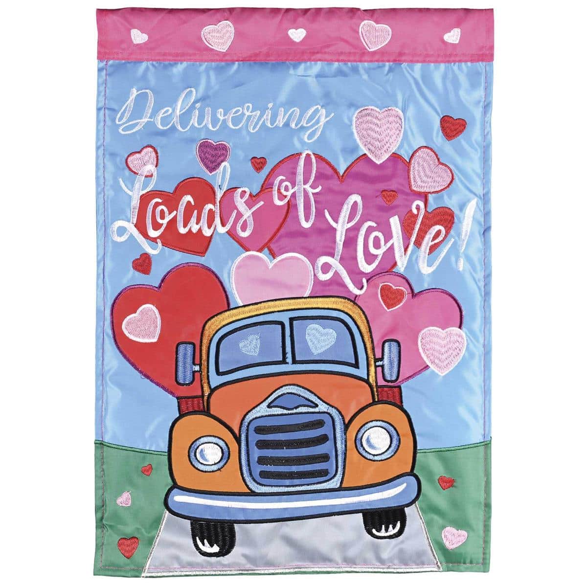 Valentine garden flag featuring a red pickup truck piled with layered red and pink hearts and stitched applique details on a light background.