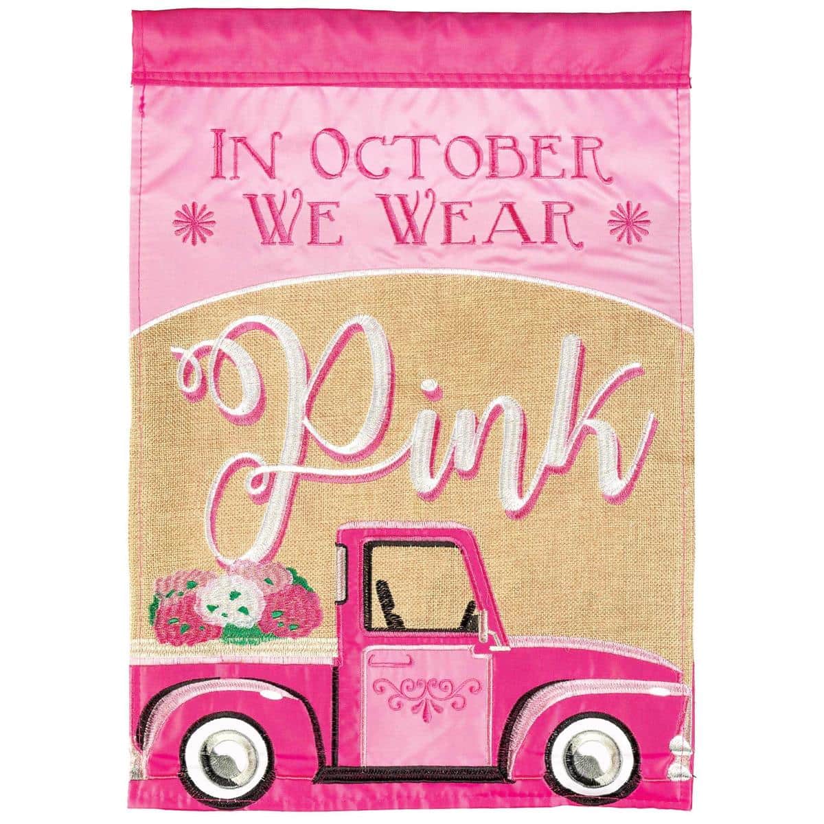 13x18 pink vintage truck garden flag on burlap with double applique and embroidered accents for fall porch display.