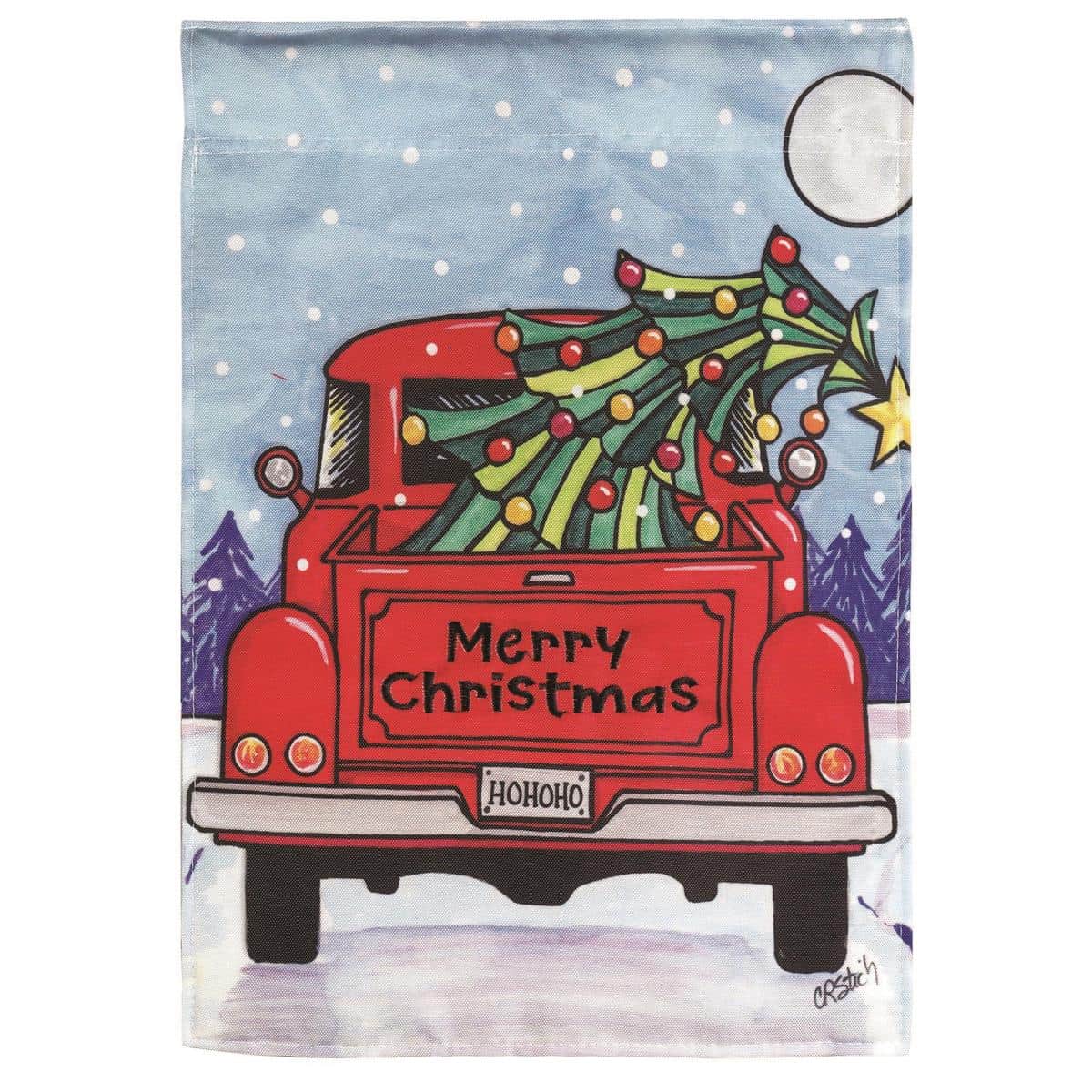 Red vintage truck carrying a Christmas tree on a 13x18 Double-Applique-Plus garden flag with layered applique details, embroidered accents, reinforced sleeve, and festive rustic finish.