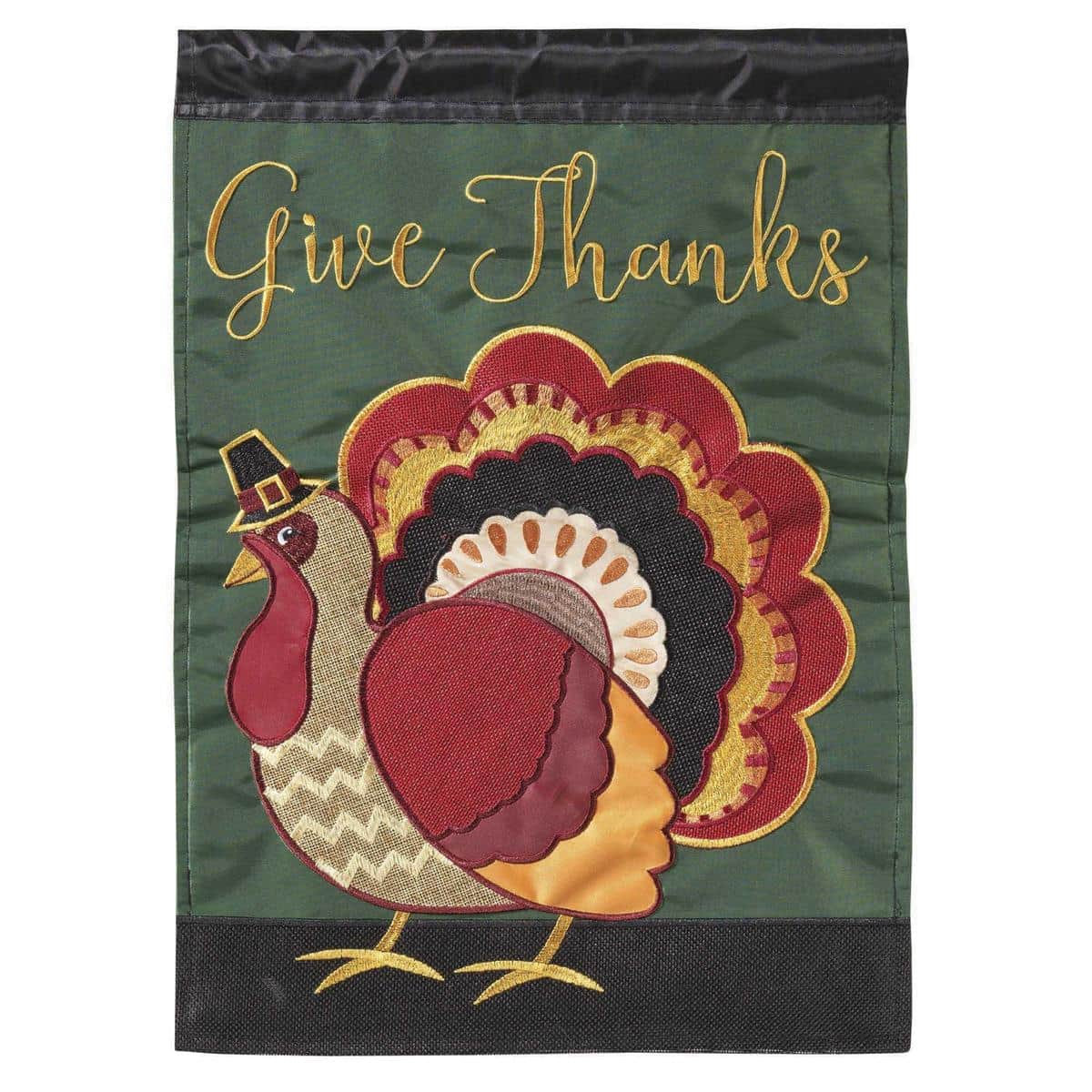 29x42 Turkey Give Thanks double applique banner flag featuring a colorful turkey, warm autumn leaves, and bold "Give Thanks" lettering for porch or entryway display.