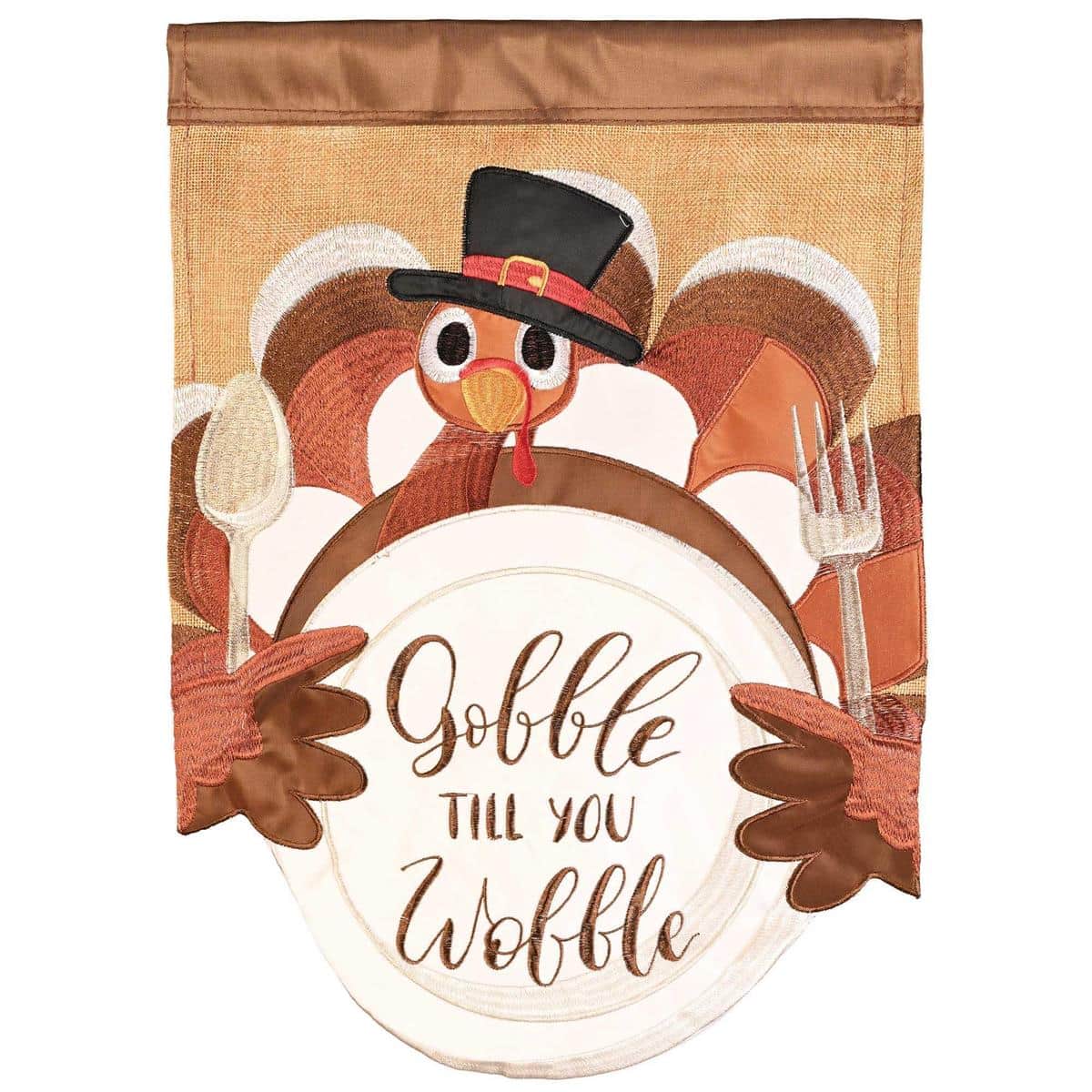 Large 29x42 Thanksgiving house flag with a cheerful turkey and Gobble Til You Wobble message in double applique, rich autumn colors, ready for outdoor display.