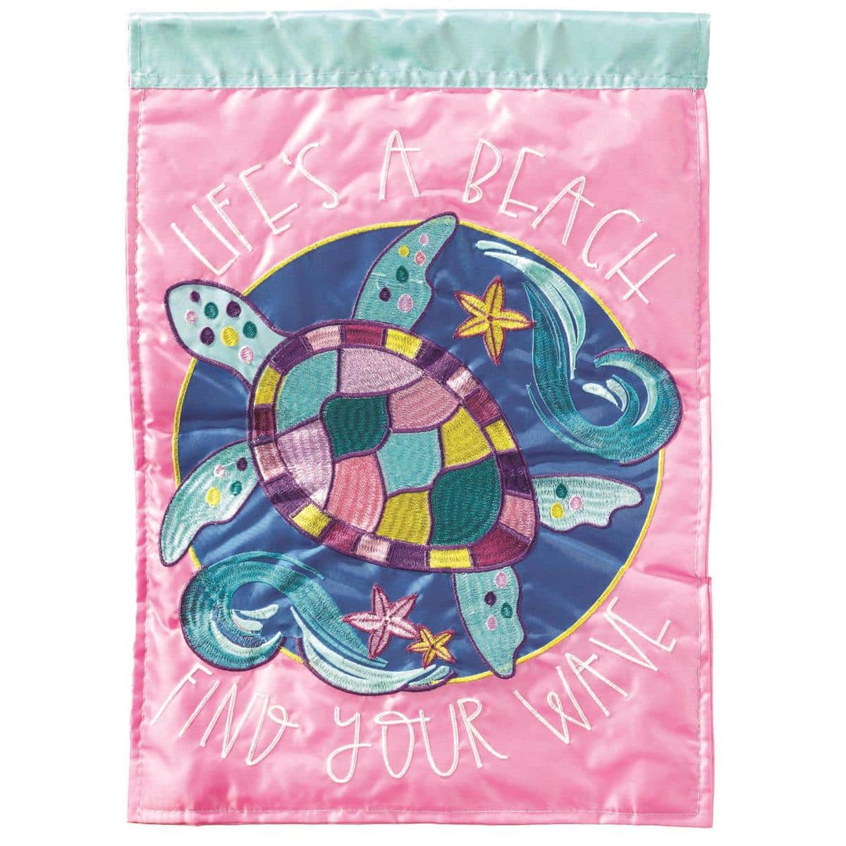 13x18 Turtle Lifes A Beach garden flag showing a smiling turtle in sunglasses on a sandy beach with palm accents and textured double applique details for porch or yard display.