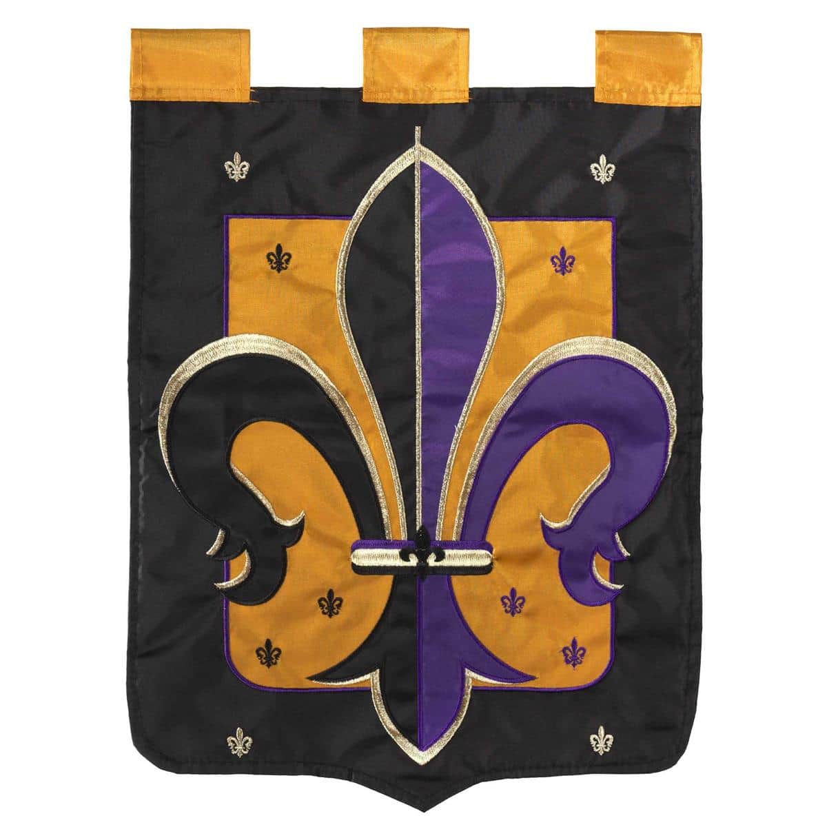 Alt text: 13x18 Two Colored Fleur-De-Lis garden flag with double applique purple and gold emblem on contrasting background, stitched pole sleeve and reinforced hem visible in close view