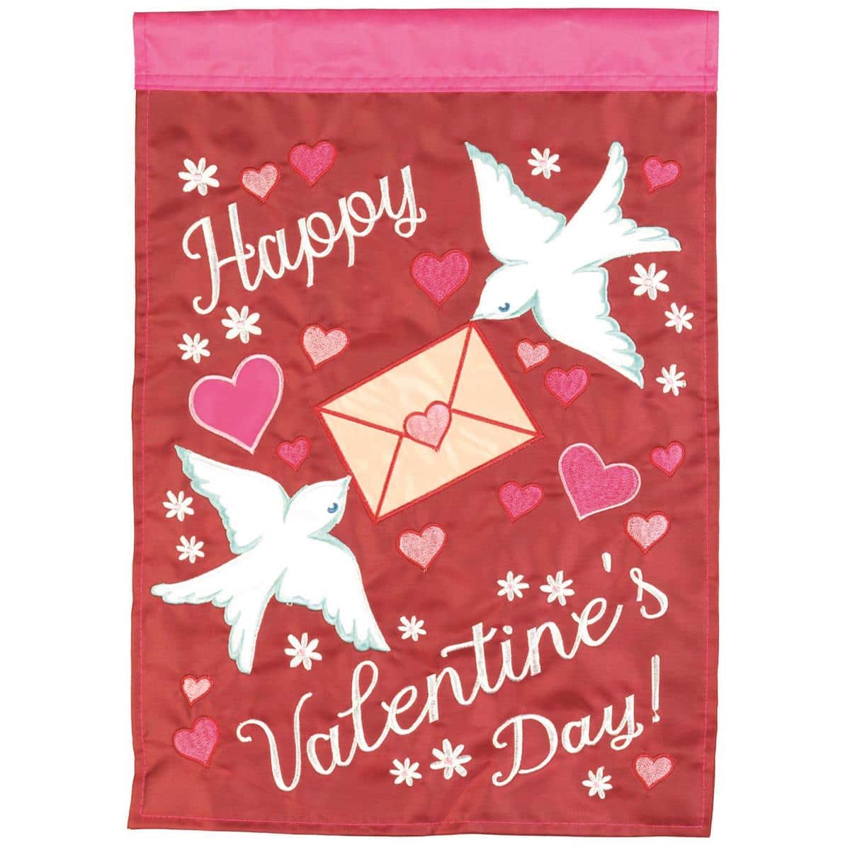 29x42 inch Valentine's banner flag featuring double applique hearts and rose motifs on durable fabric, shown hanging from a standard porch pole for seasonal display