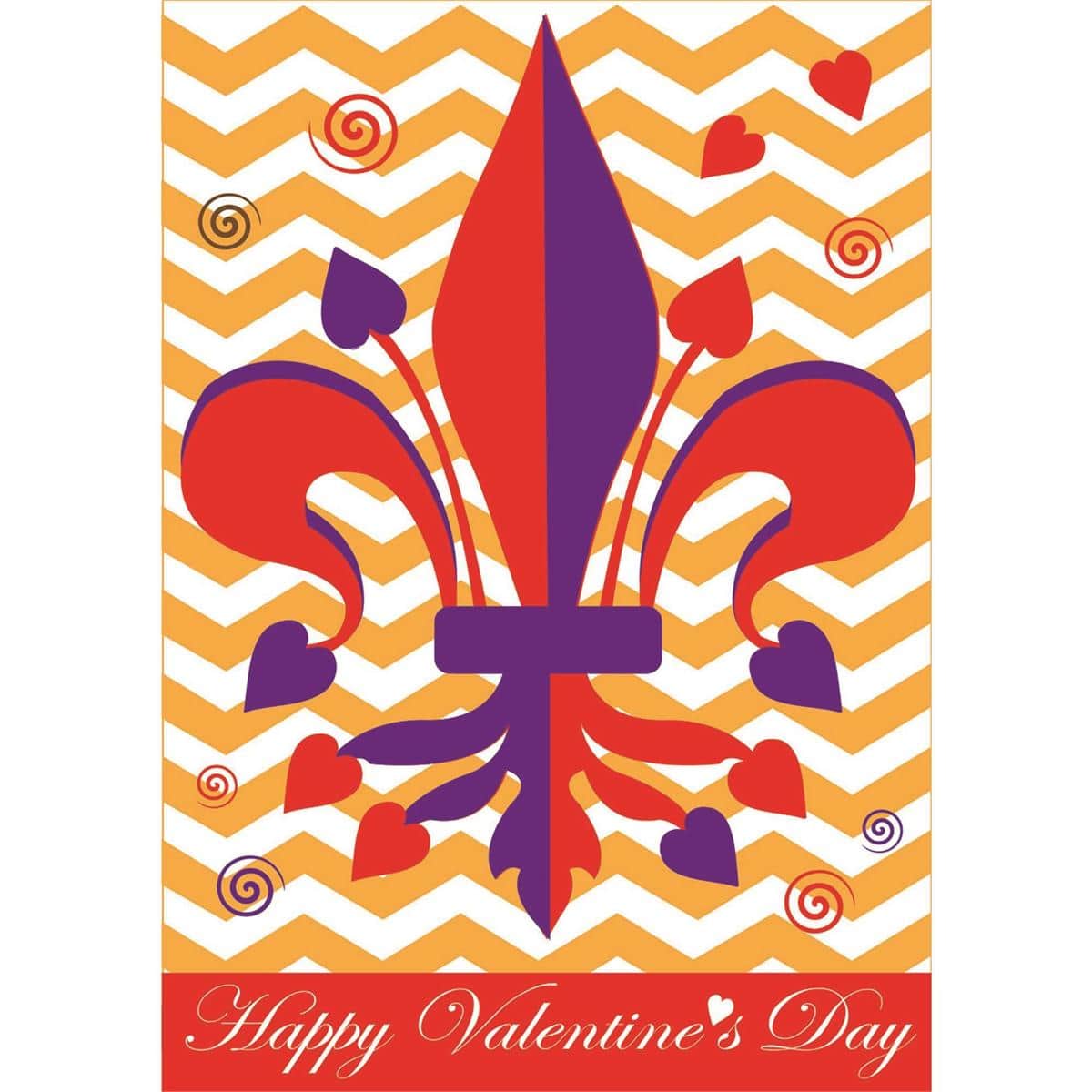 13x18 Valentine Fleur-De-Lis garden flag double applique with red fleur-de-lis and heart accents on a cream background, stitched edges and reinforced pole sleeve for outdoor display.