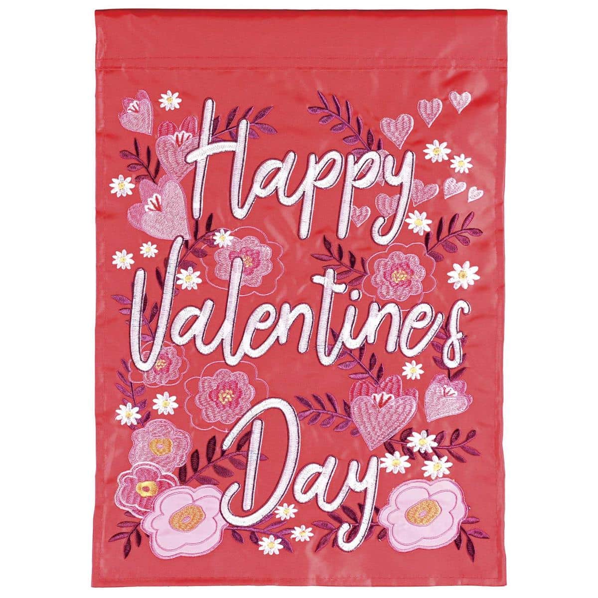 13x18 double applique Valentines Garden Flag with layered hearts and roses, two sided outdoor yard decor on a black stand beside winter greenery