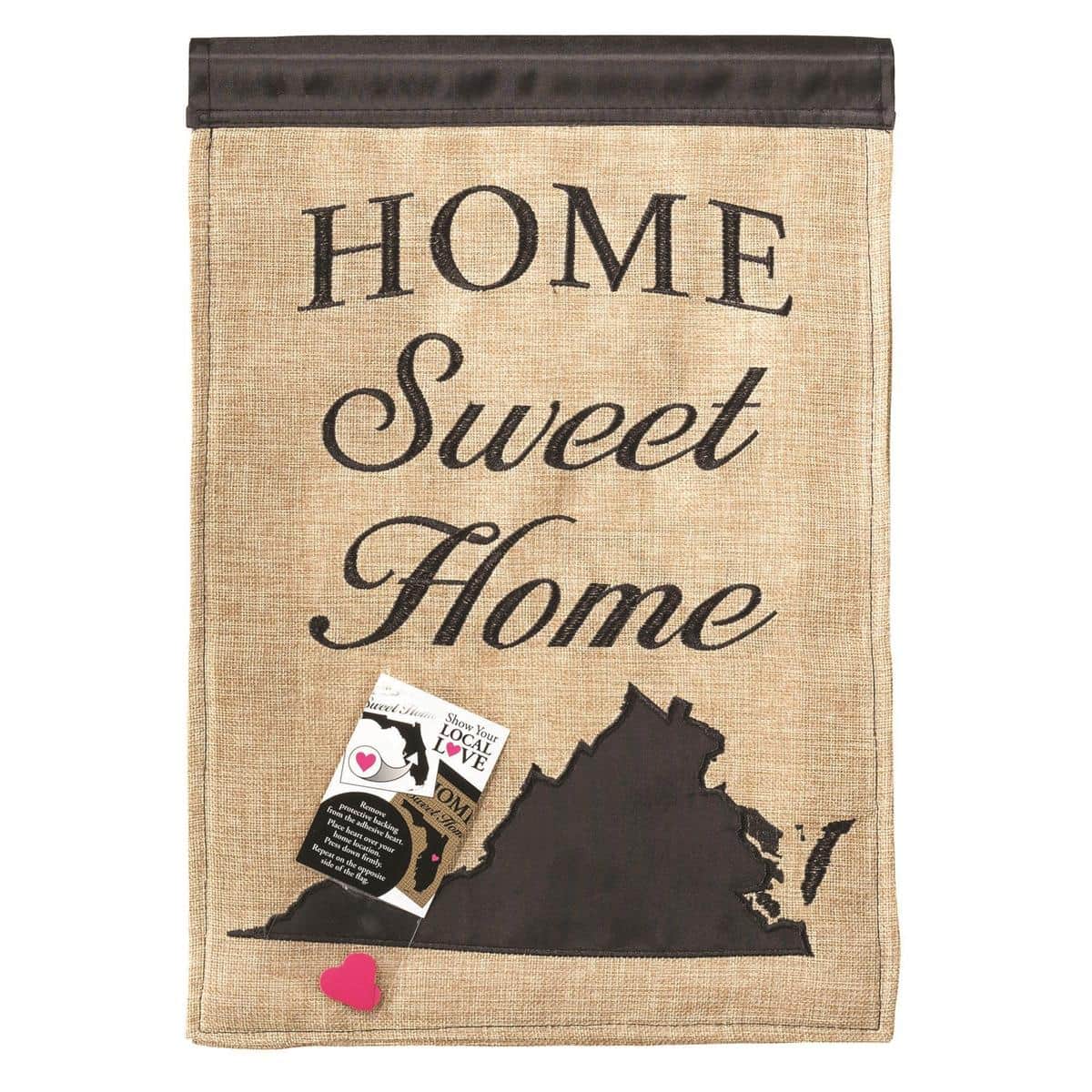 13x18 Virginia burlap garden flag with double applique detail, textured burlap front and reinforced sleeve shown on a small yard flag pole for porch and planter display