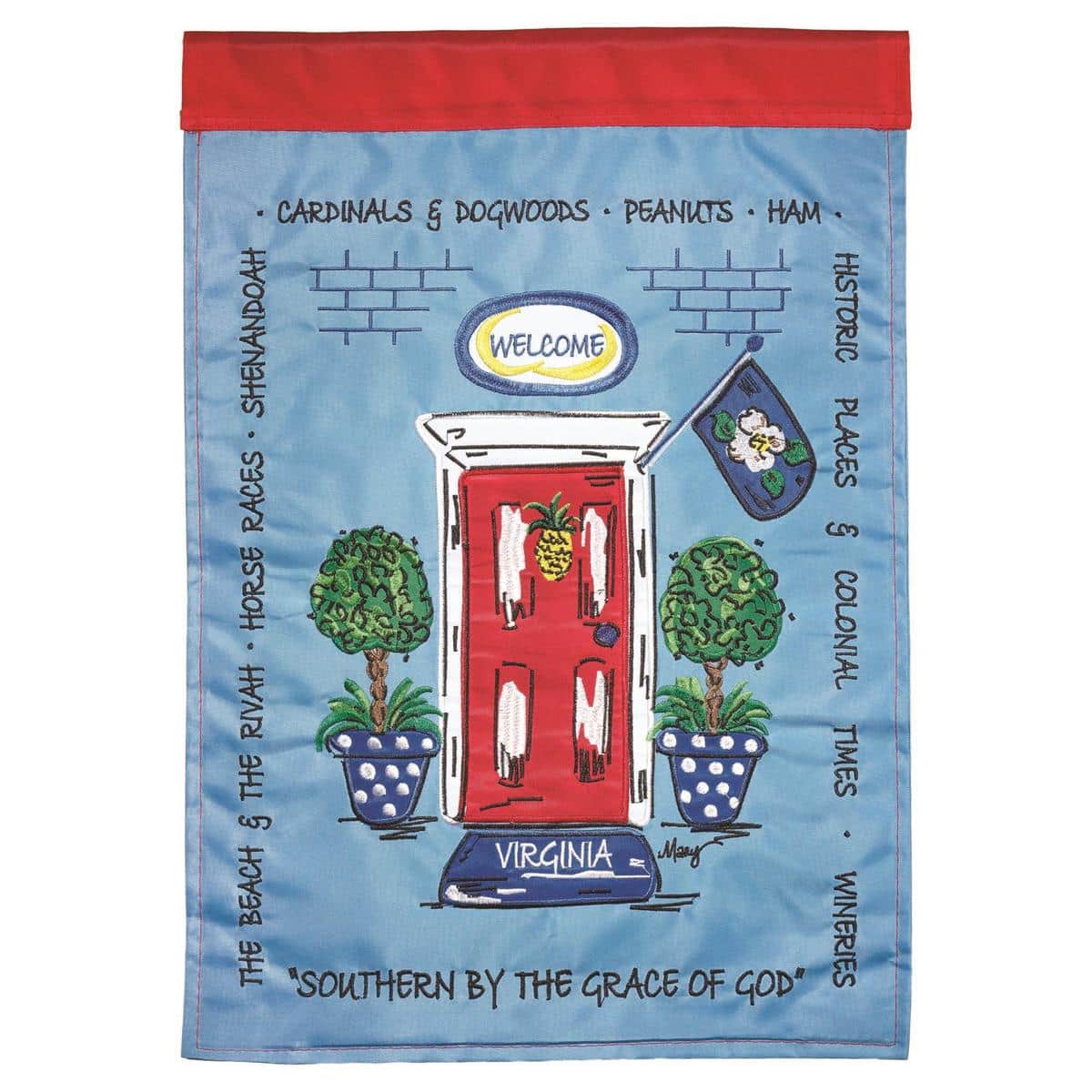 13x18 Virginia garden flag with double applique regional artwork and reinforced sleeve, shown mounted on a decorative porch stake beside a potted plant and welcome mat for front door display.