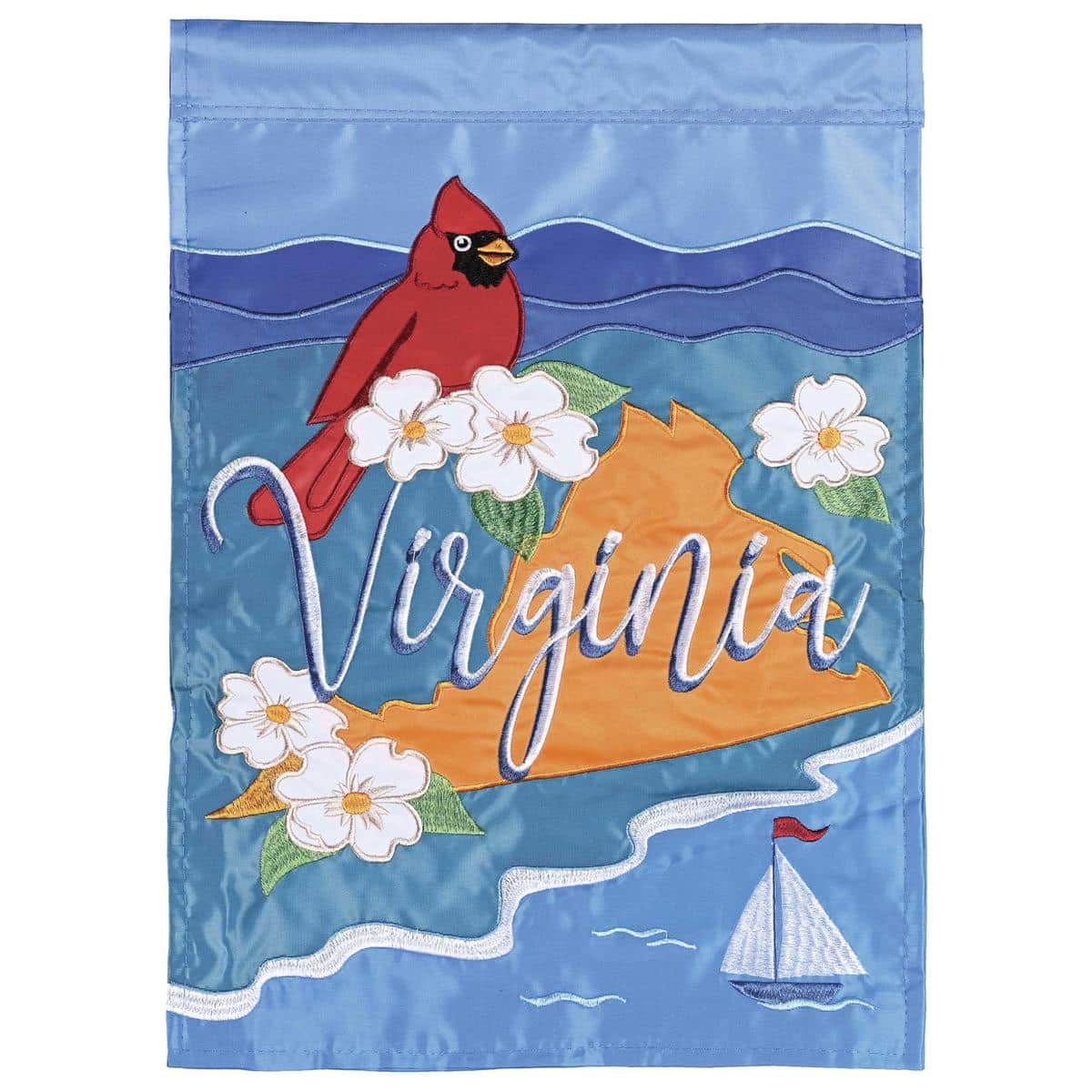 13x18 Virginia garden flag double applique with embroidered state outline and scripted text on textured fabric, shown hanging on a standard garden pole and displaying bold regional colors.