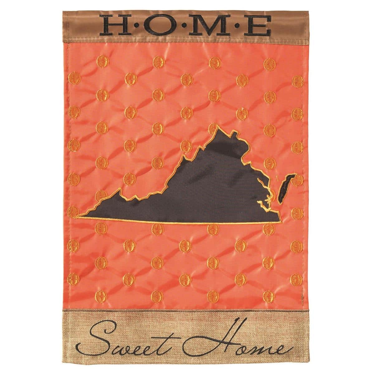 Close-up of Virginia Home Sweet burlap double applique 13x18 garden flag on a metal stand, showing textured stitching and two sided state-themed design.