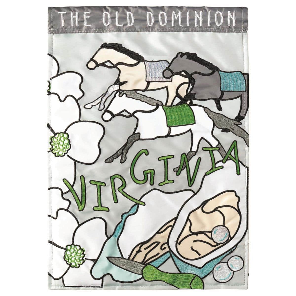 13x18 Virginia Old Dominion garden flag with double applique state design, layered fabrics and stitched details displayed on a yard flag pole near a garden bed.