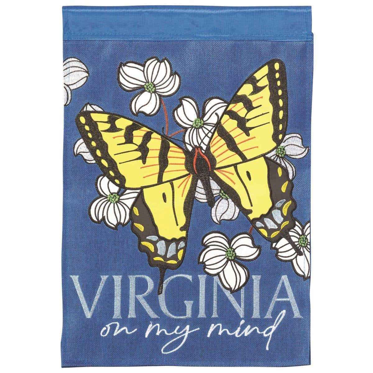 Virginia On My Mind burlap banner flag 29 by 42 inches featuring double applique Virginia text and motif on rustic burlap for porch or garden display, ready to hang on a pole or bracket