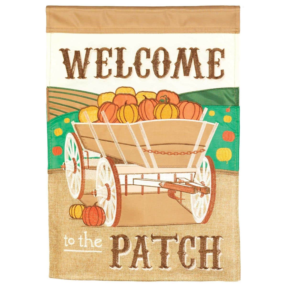 Rustic wagon 'Welcome To The Patch' 13x18 double applique garden flag with pumpkins and fall accents displayed in garden