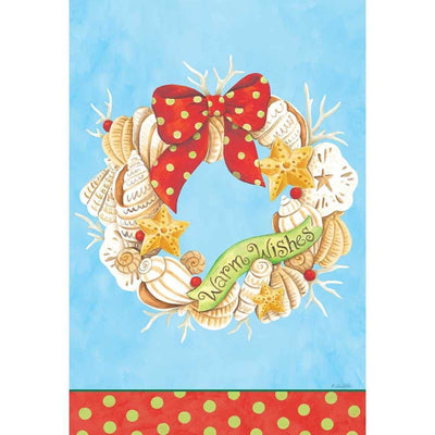 Warm Wishes Coastal Wreath 13x18 printed garden flag showing a fall wreath with coastal accents and the text Warm Wishes on a neutral background, ideal for porch or garden display.