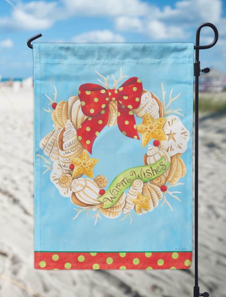 Warm Wishes Coastal Wreath 13x18 printed garden flag showing a fall wreath with coastal accents and the text Warm Wishes on a neutral background, ideal for porch or garden display.
