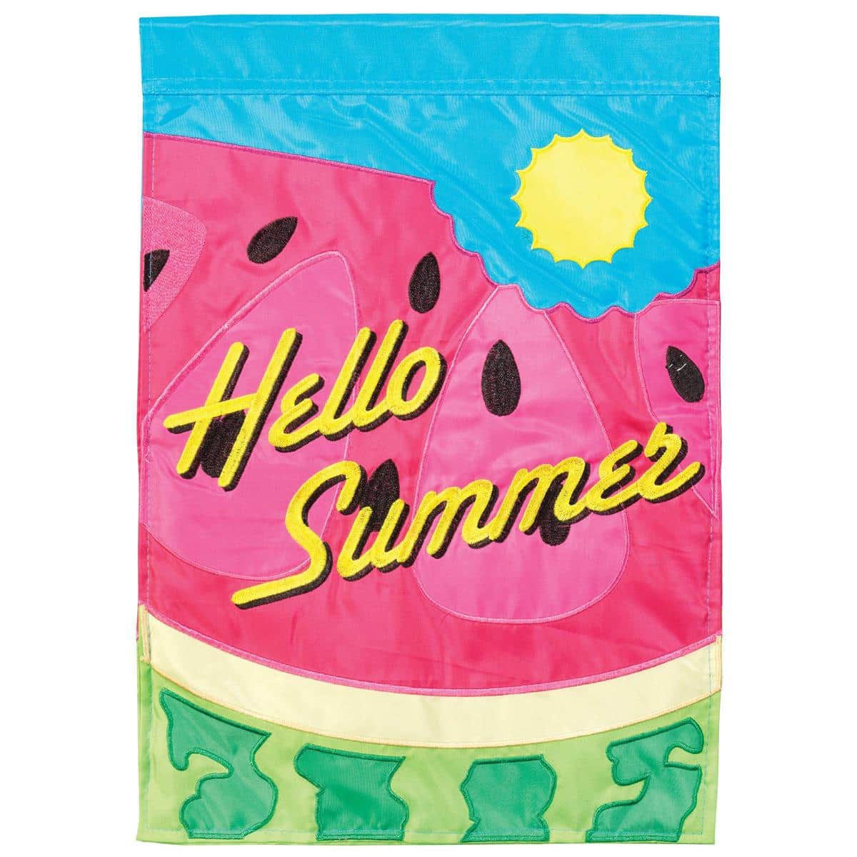 Double applique watermelon slice banner with Hello Summer lettering, 29x42 outdoor flag hanging from a porch pole, green rind detail and black seeds.