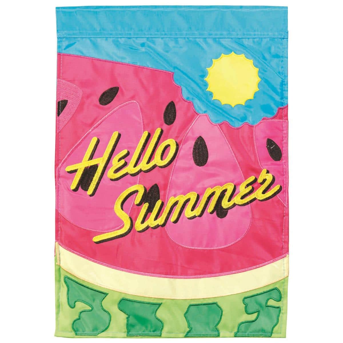 Bright 13x18 double applique garden flag showing sliced watermelon, seeds, and the words 'Hello Summer' in bold letters, designed for display on standard garden flag stands in a sunny yard.