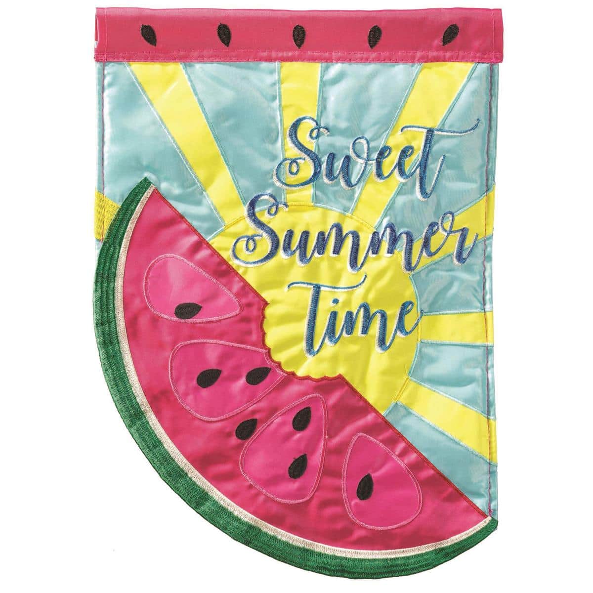 13x18 double applique watermelon garden flag showing bright watermelon slices and green rind on a summer background hung on a small flagpole.
