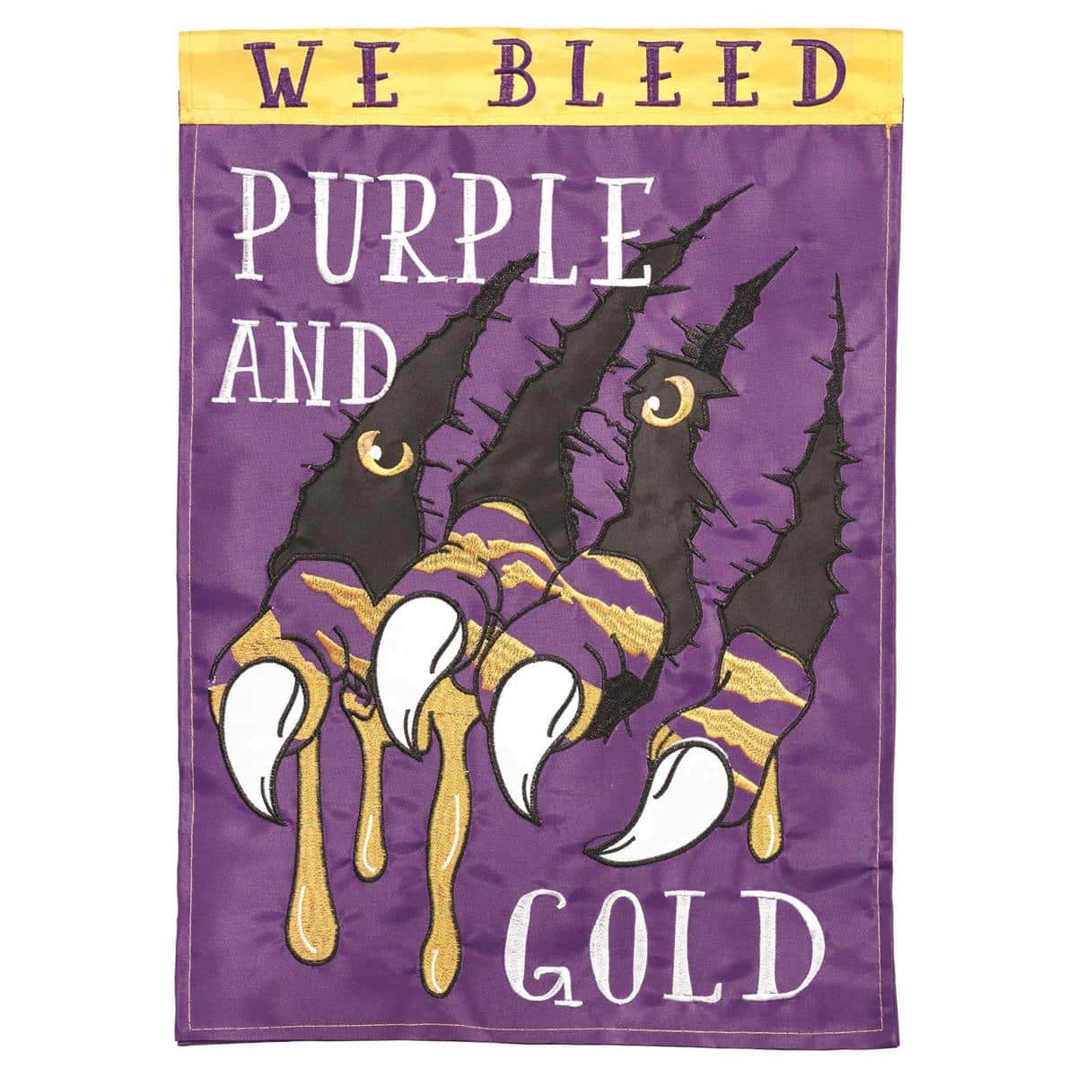 Double applique We Bleed Purple Gold banner flag, 29x42 inches, purple and gold colors, two-sided design, outdoor porch or garden display.