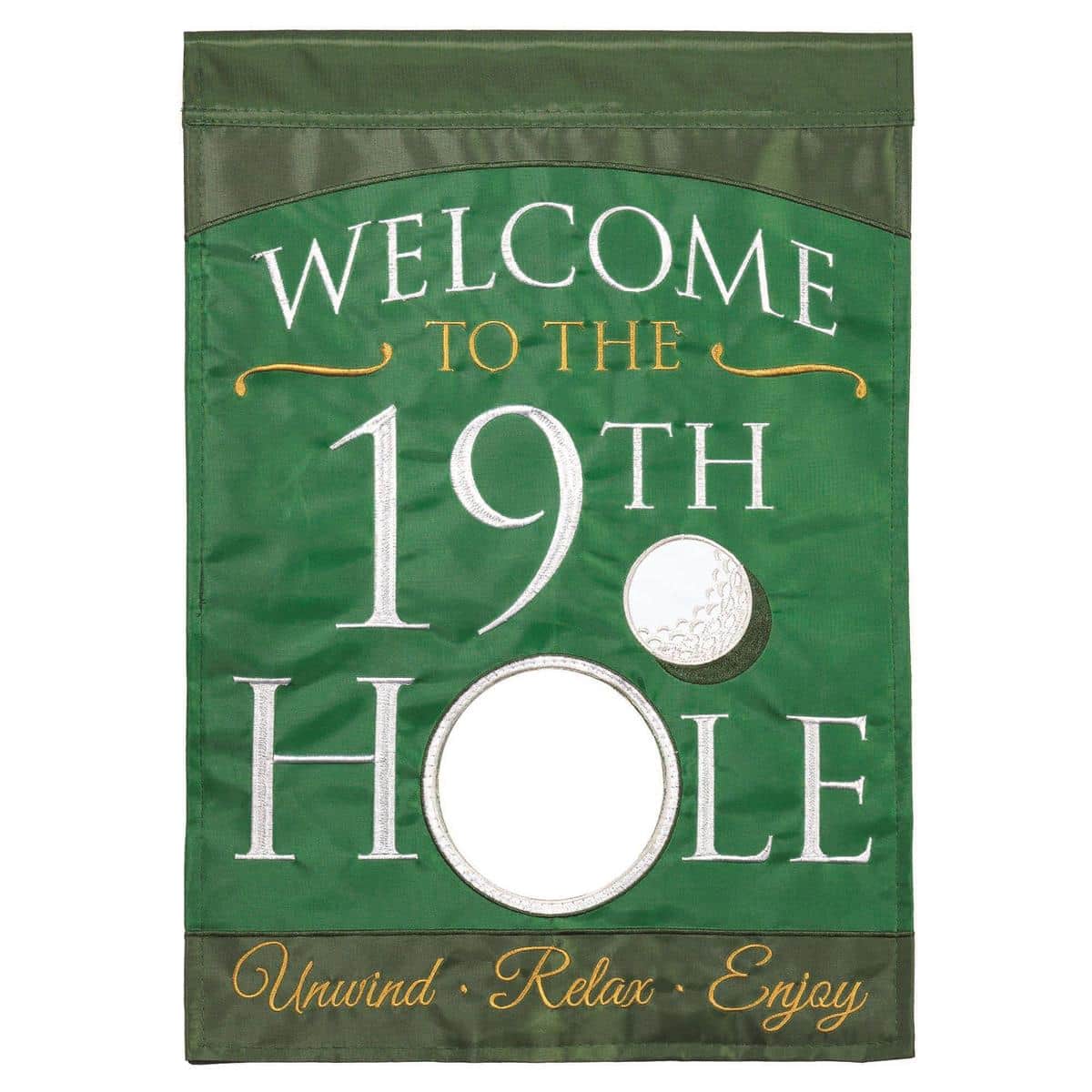 13x18 Welcome 19th Hole garden flag featuring a double applique golf design with flagstick, clubs, and golf ball on weather-resistant fabric for porch or lawn display.