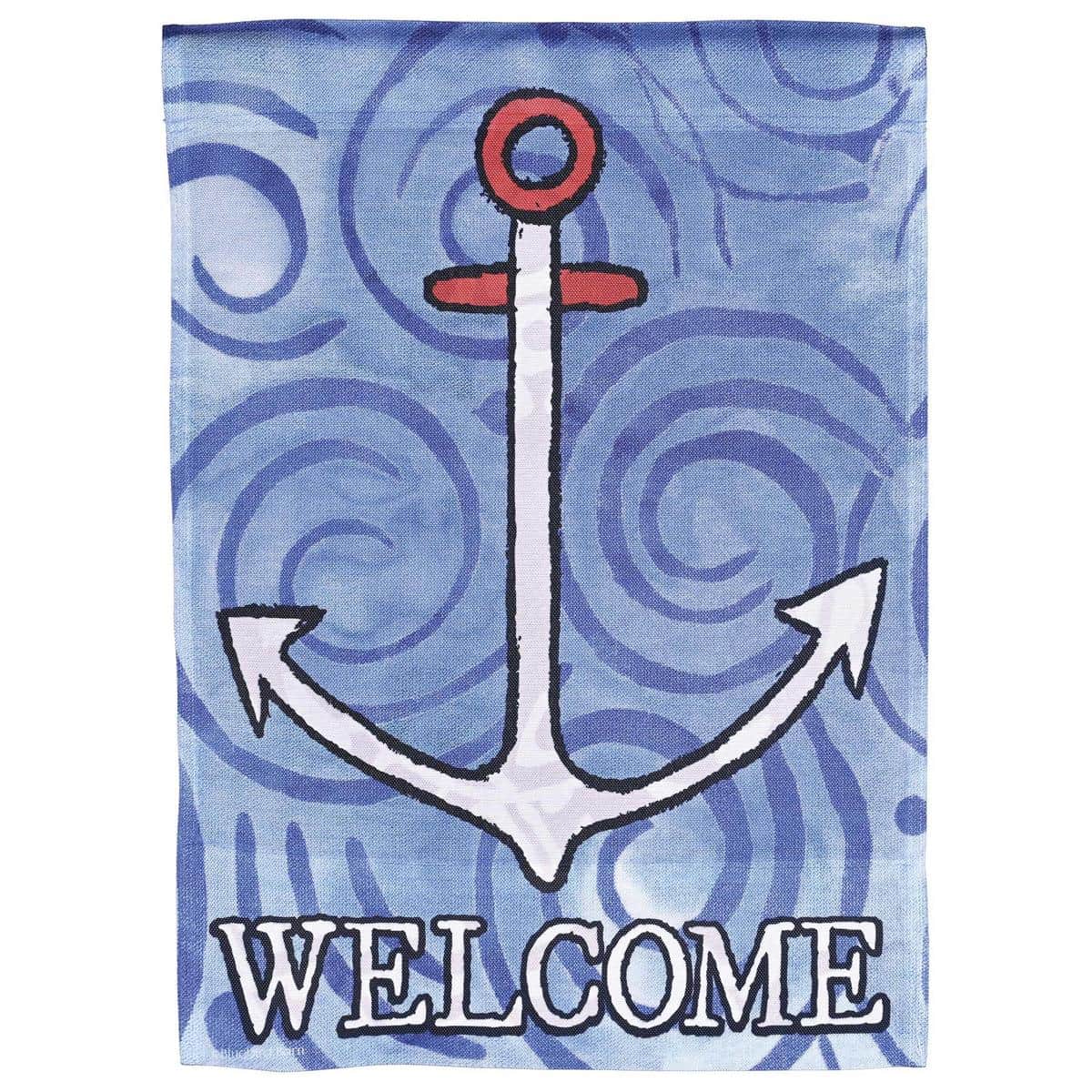 Welcome Anchor 13x18 garden flag showing navy anchor, rope and striped waterfront motif printed on durable polyester for porch or garden display