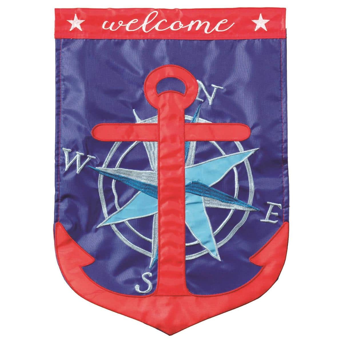 13x18 anchor-shaped waterfront garden flag with double applique welcome design, nautical colors, and reinforced stitching ideal for porch or garden display.