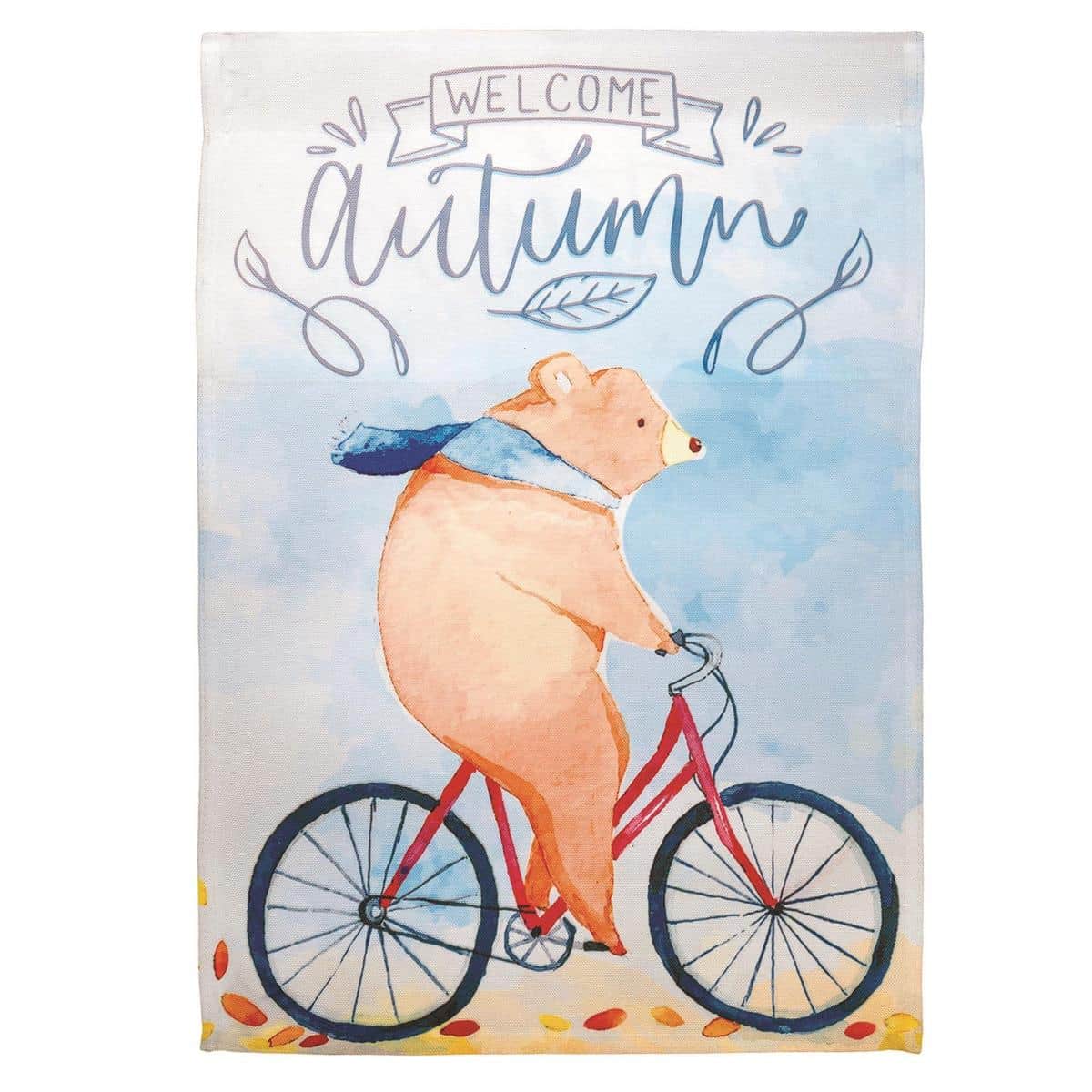13x18 Welcome Autumn Bear Bike Garden Flag with printed fall artwork, friendly bear on bicycle, colorful leaves, welcome message, outdoor seasonal decor.