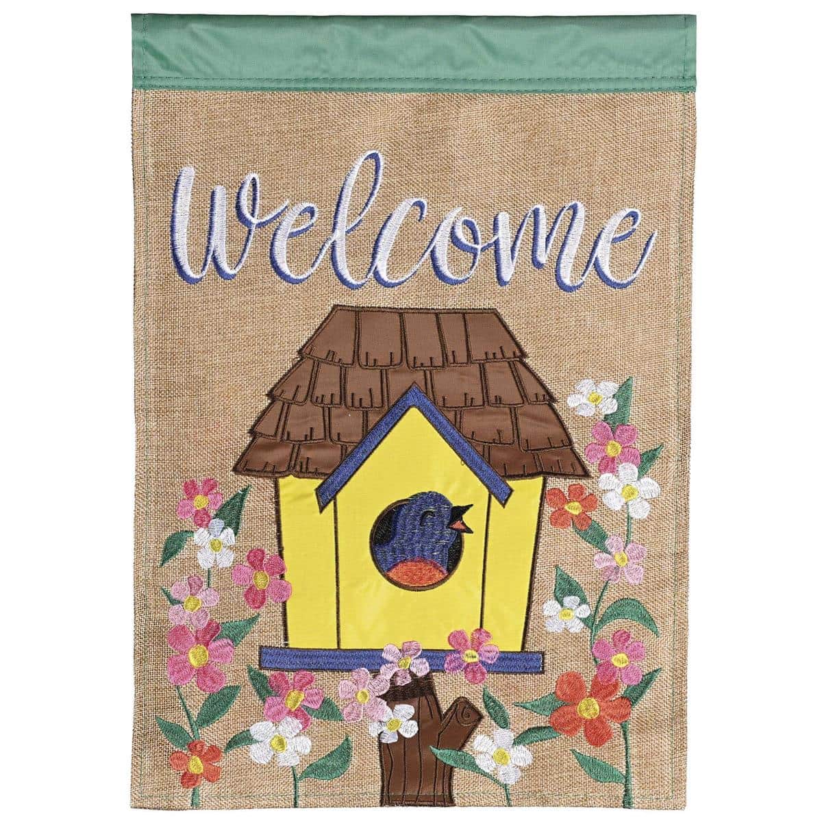 13x18 Welcome Birdhouse Burlap Garden Flag with layered applique birdhouse, perched birds, and rustic burlap texture, ideal for porch pole or garden stake display
