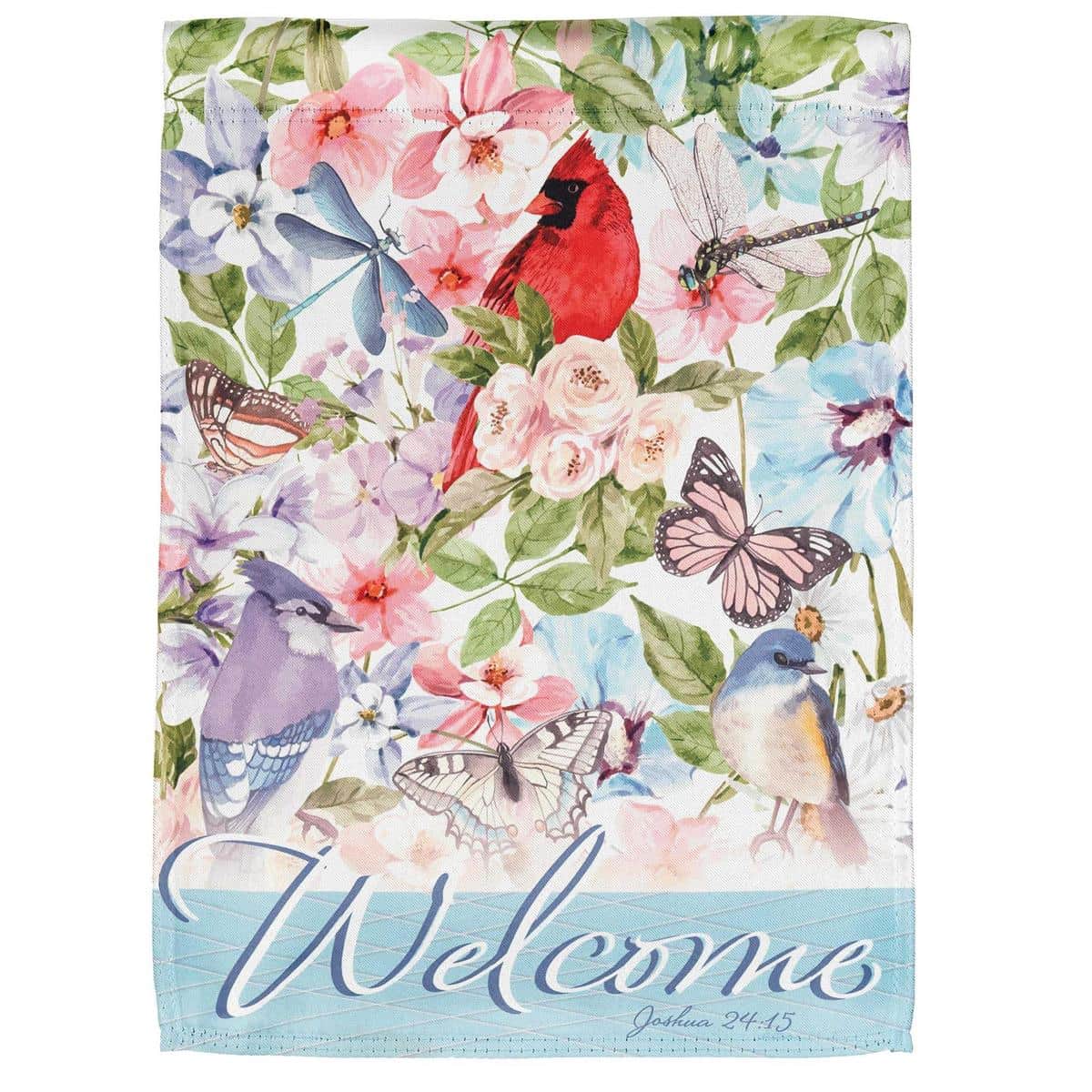 13x18 Welcome Birds garden flag with colorful floral design and perched birds, printed artwork, top-sleeve display on a standard garden flag stand.